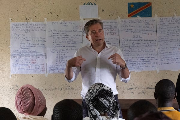 Tom Fletcher, Under-Secretary-General for Humanitarian Affairs and Emergency Relief Coordinator at the Office for the Coordination of Humanitarian Affairs (OCHA), visits North Kivu's town of Buhumba, Democratic republic of the Congo, Thursday, June 26, 2025. (AP Photo/Moses Sawasawa)