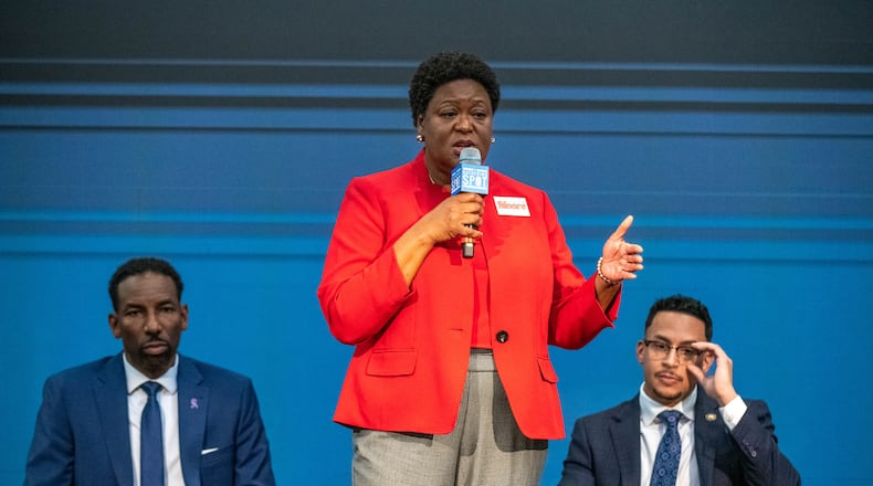 October 7, 2021 Atlanta - Mayoral candidate Felicia Moore speaks during City of Atlanta Mayoral Debate at The Gathering Spot in Atlanta on Thursday, October 7, 2021. (Hyosub Shin / Hyosub.Shin@ajc.com)