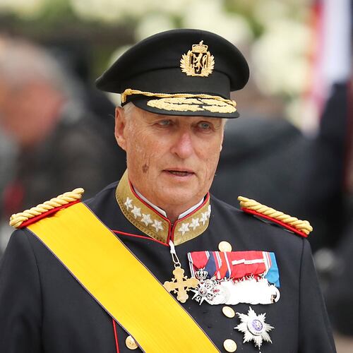 FILE - King Harald V of Norway and his wife Sonja leave the Notre Dame cathedral after attending at the funeral of the Grand Duke Jean of Luxembourg, in Luxembourg, on May 4, 2019. (AP Photo/Francisco Seco, File)