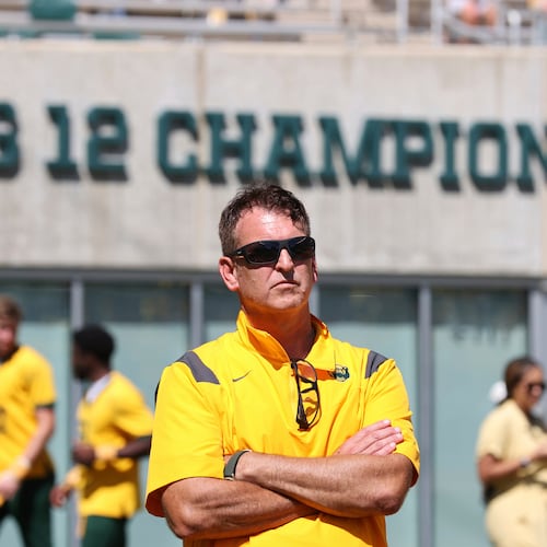 FILE - Baylor athletic director Mack Rhoades looks on from the sideline during an NCAA college football game against BYU, Saturday, Sept. 28, 2024, in Waco, Texas. (AP Photo/Jerry Larson, File)