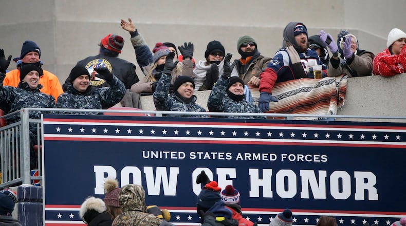 Members of the U.S. military are honored during the second half of an NFL football game between the New England Patriots and the New York Jets, Sunday, Dec. 31, 2017, in Foxborough, Mass. (AP Photo/Steven Senne)