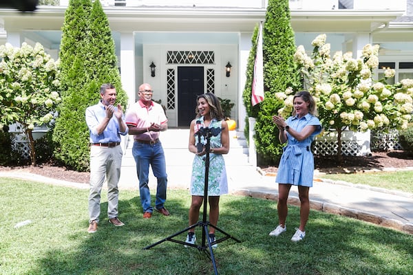 Senate District 21 Candidate Debra Shigley speaks at a press conference in Milton, Ga, on Saturday, September 20, 2025. Ken Martin of the DNC was stumping in Alpharetta for Debra Shigley, Democratic candidate for Senate District 21. (Abbey Cutrer / AJC)