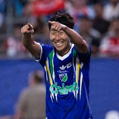 MLS All-Star Son Heung-min (7) celebrates after scoring during the MLS All-Star soccer game Wednesday, July 29, 2026, in Charlotte, N.C. (AP Photo/Scott Kinser)