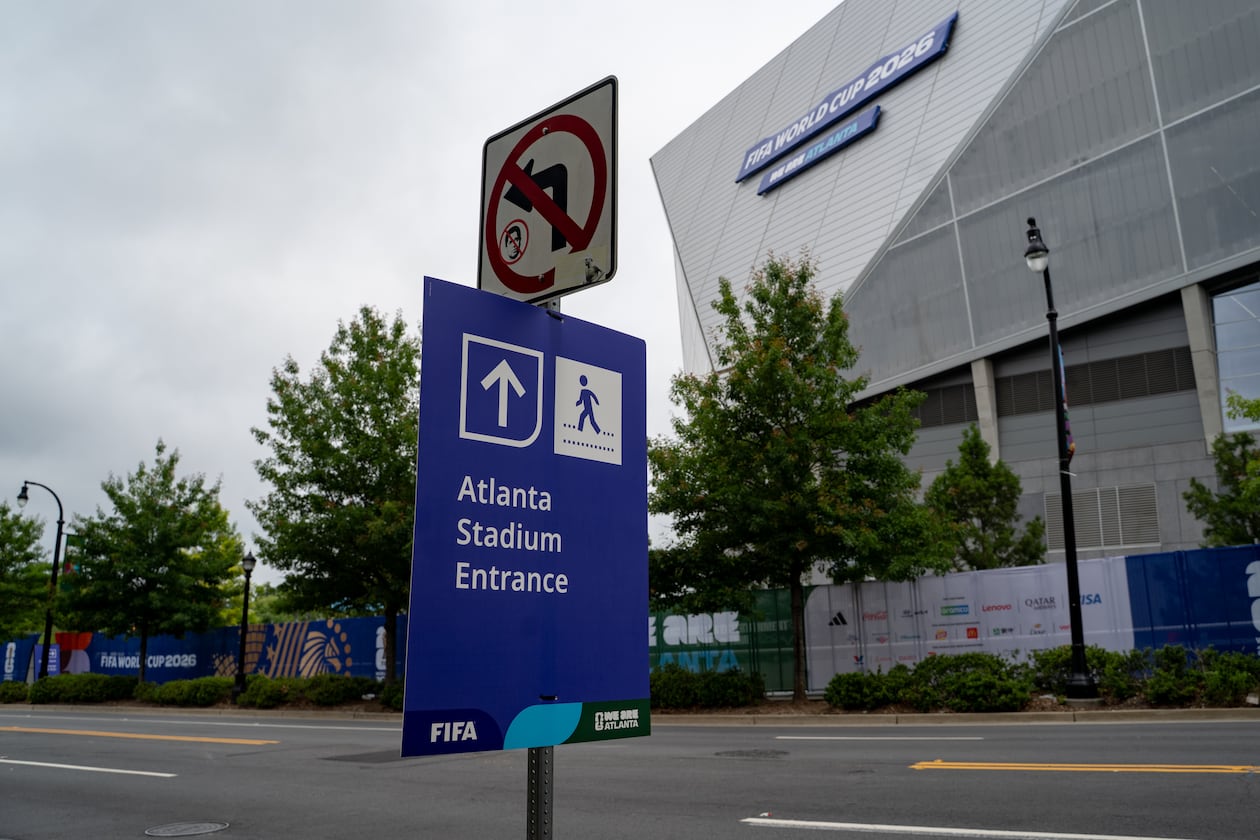 New signage is placed Monday, June 8, 2026, outside of Mercedes-Benz Stadium, which will be called Atlanta Stadium during the FIFA World Cup. (Ben Hendren for the AJC)