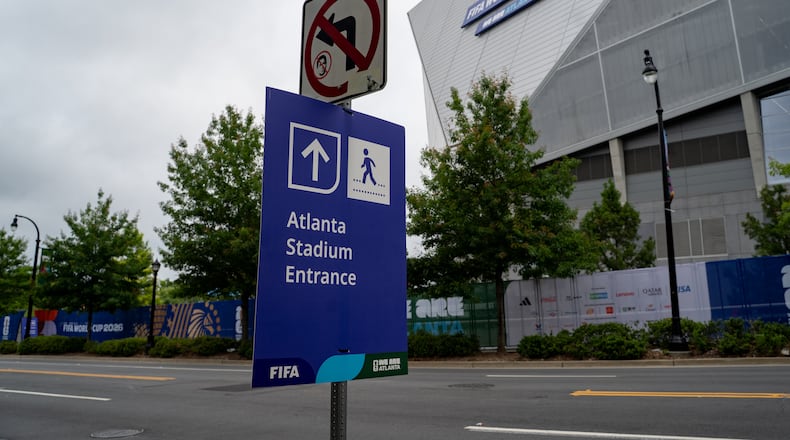 New signage is placed Monday, June 8, 2026, outside of Mercedes-Benz Stadium, which will be called Atlanta Stadium during the FIFA World Cup. (Ben Hendren for the AJC)
