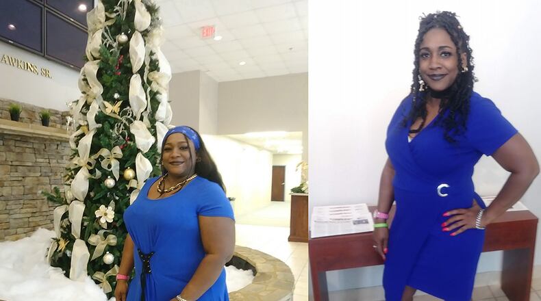 In the photo on the left, taken in December 2017, Shawanda Bradley weighed 260 pounds. In the photo on the right, taken in November 2018, she weighed 175 pounds. (Photos contributed by Shawanda Bradley)