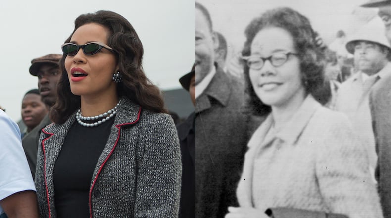 Coretta Scott King was played by Carmen Ejogo in "Selma." (Left photo: Atsushi Nishijima/Paramount Pictures. Right photo: AP file)