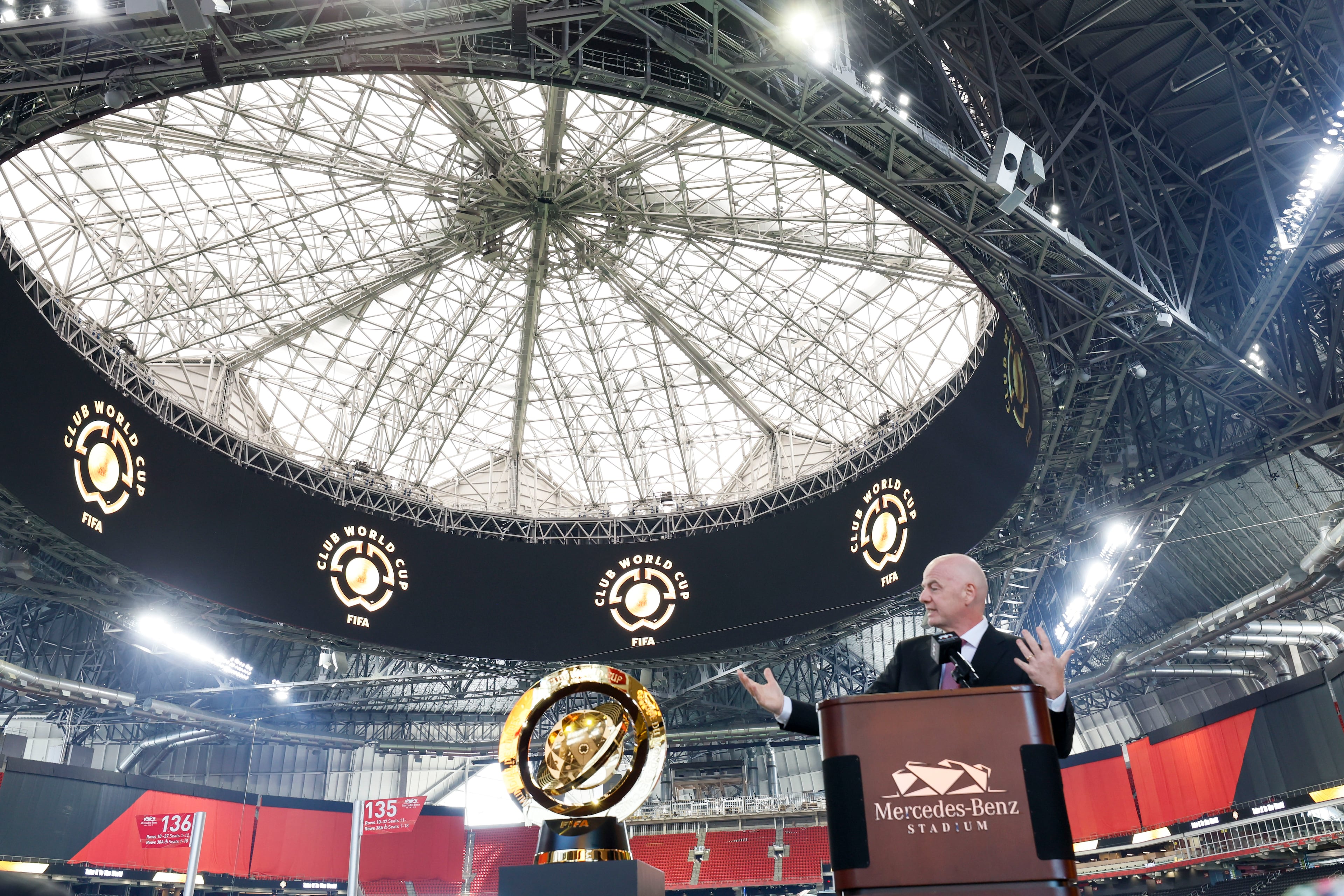 FIFA president Gianni Infantino speaks to press members during a press conference at Mercedes-Benz Stadium on Monday, April 14, 2025, to discuss the upcoming 2025 Club World Cup, which will be hosted in Atlanta this summer. 
(Miguel Martinez/AJC)