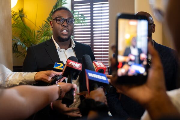Stockbridge Mayor Jayden Williams speaks to journalists Saturday, Aug. 22, 2026, following a special City Council meeting held prior to an upcoming investigative hearing. (Ben Gray for the AJC)