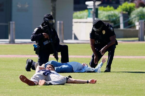Members of the Atlanta Police Department and local agencies participate in a mass casualty training exercise at Centennial Olympic Park on Monday, May 4, 2026, in preparation for the World Cup. (Miguel Martinez/AJC)