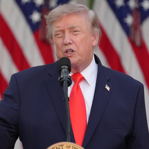 President Donald Trump speaks at a Rose Garden Club dinner with farmers, in the Rose Garden of the White House, Thursday, June 25, 2026, in Washington. (AP Photo/Jacquelyn Martin)