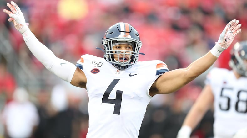 Virginia linebacker Jordan Mack, formerly of Wesleyan, was a finalist in 2019 for the Campbell Award given to the player with the best combination of academics, community service and on-field performance. Mack also was a three-year starter and third-team All-ACC player. Photo: Virginiasports.com