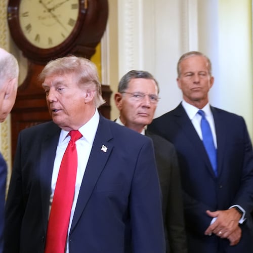 President Donald Trump turns to depart after speaking with reporters as Sen. Rick Scott, R-Fla., from left, Sen. John Barrasso, R-Wyo., and Senate Majority Leader John Thune, R-S.D., listen on Capitol Hill, Wednesday, June 24, 2026, in Washington. (AP Photo/Jacquelyn Martin)