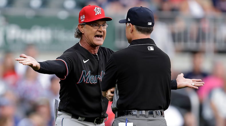 Miami Marlins manager Don Mattingly reacts after being ejected in the first inning of the team's baseball game against the Atlanta Braves on Friday, July 2, 2021, in Atlanta. (AP Photo/Ben Margot)