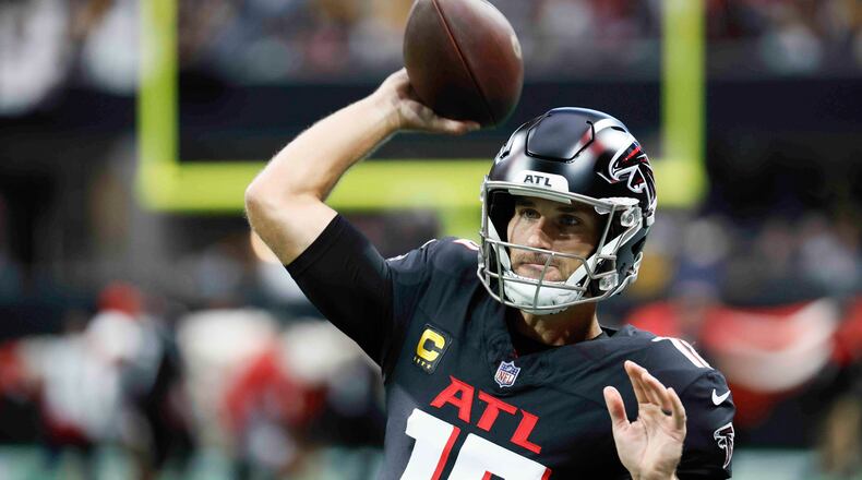 Atlanta Falcons quarterback Kirk Cousins (18) prepares a throw moments before the game against Pittsburgh Steelers on Sunday, Sept. 8, at Mercedes-Benz Stadium in Atlanta.
(Miguel Martinez/ AJC)