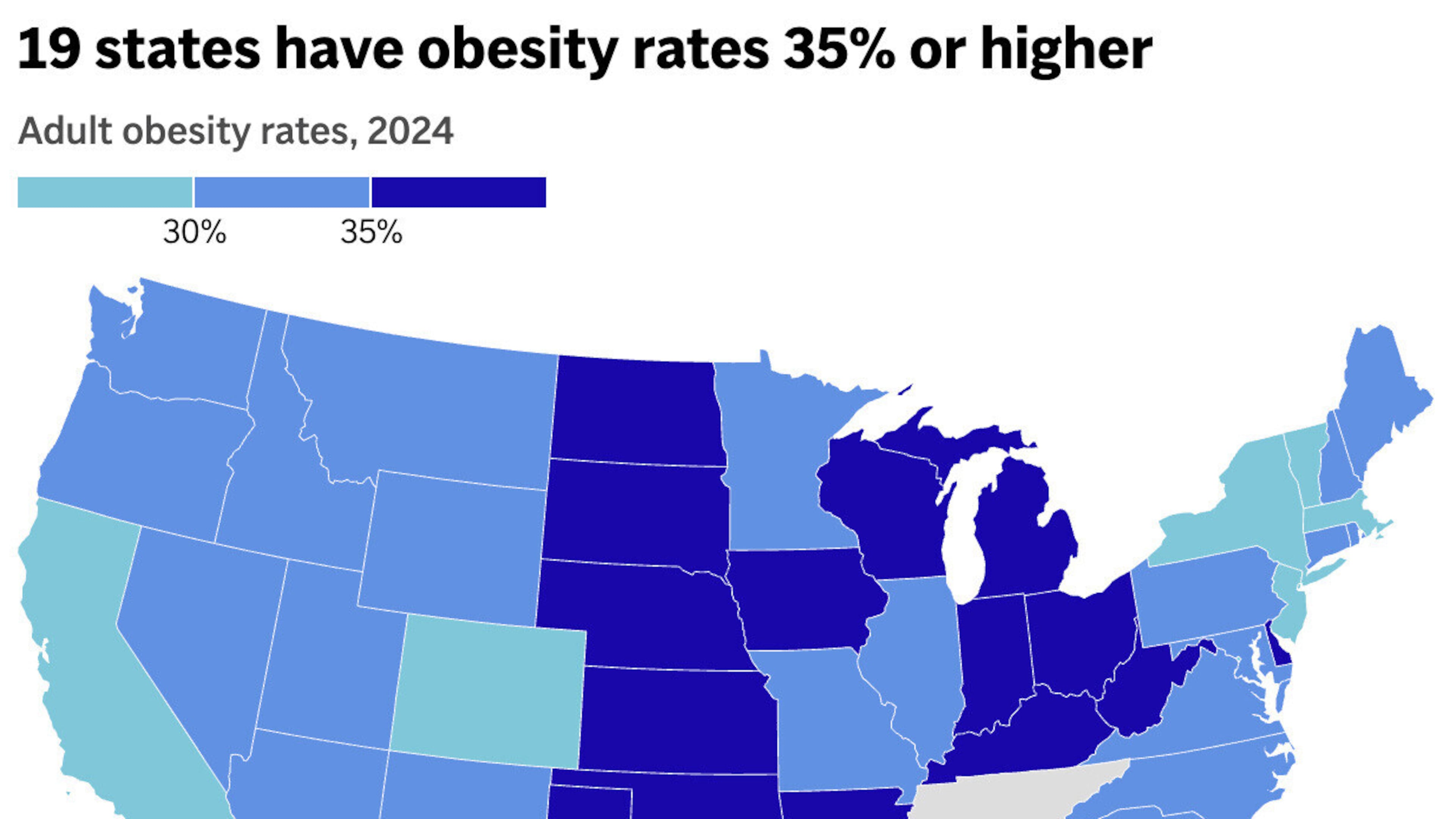 The map above shows the obese portion of the population in each state. (AP Digital Embed)