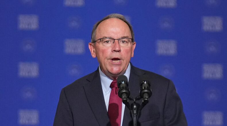 FILE - Rep. Tom Tiffany, R-Wis., speaks at the Wisconsin Air National Guard facility at Milwaukee Mitchell International Airport, July 8, 2026, in Milwaukee. (AP Photo/Mark Schiefelbein, Pool, File)