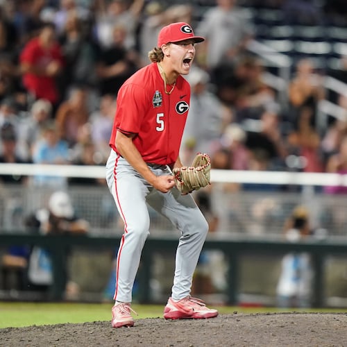 Georgia pitcher Justin Byrd (5) reacts after an NCAA baseball College World Series elimination game against Texas, Tuesday, June 16, 2026 in Omaha, Neb. Georgia won 2-0. (Vera Nieuwenhuis/AP)