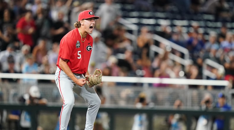 Georgia pitcher Justin Byrd (5) reacts after an NCAA baseball College World Series elimination game against Texas, Tuesday, June 16, 2026 in Omaha, Neb. Georgia won 2-0. (Vera Nieuwenhuis/AP)