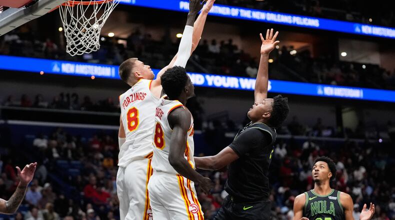 Kristaps Porzingis had a team-high 29 points for the Hawks in a 115-98 win over the New Orleans Pelicans on Saturday. (Gerald Herbert/AP)