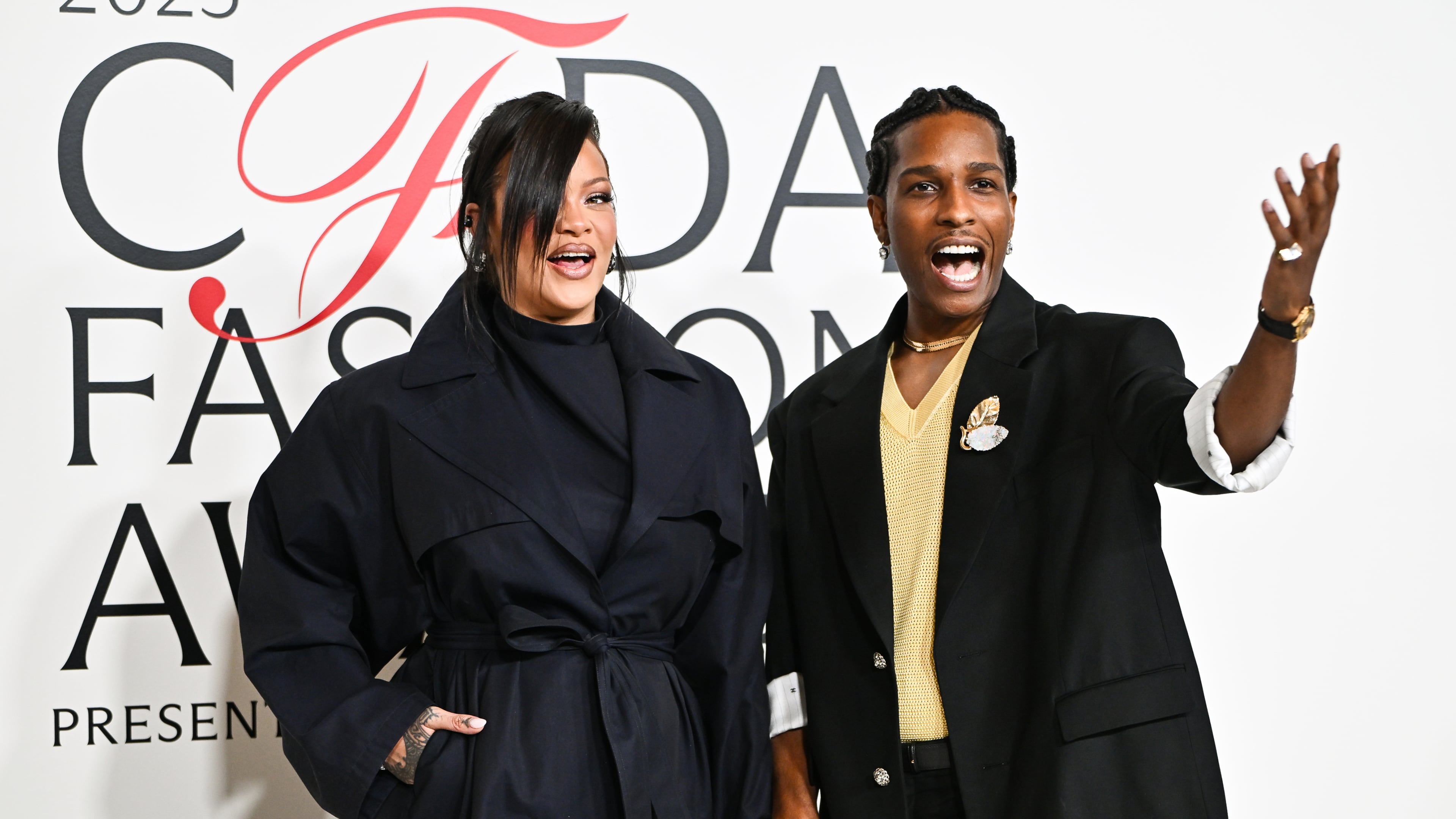 Rihanna, left, and A$AP Rocky attend the CFDA Fashion Awards, hosted by The Council of Fashion Designers of America, at The American Museum of Natural History on Monday, Nov. 3, 2025, in New York. (Photo by Evan Agostini/Invision/AP)