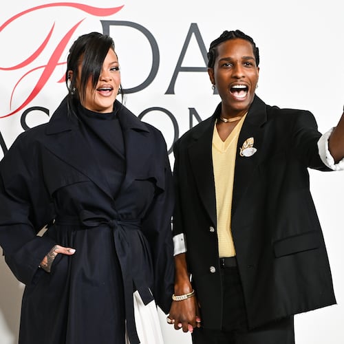 Rihanna, left, and A$AP Rocky attend the CFDA Fashion Awards, hosted by The Council of Fashion Designers of America, at The American Museum of Natural History on Monday, Nov. 3, 2025, in New York. (Photo by Evan Agostini/Invision/AP)