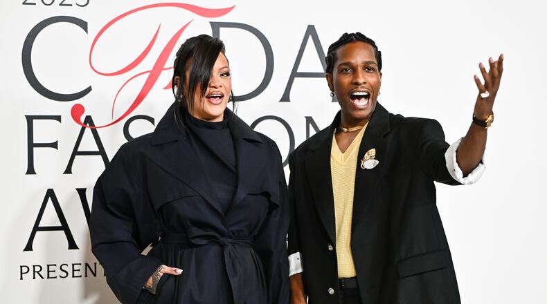 Rihanna, left, and A$AP Rocky attend the CFDA Fashion Awards, hosted by The Council of Fashion Designers of America, at The American Museum of Natural History on Monday, Nov. 3, 2025, in New York. (Photo by Evan Agostini/Invision/AP)
