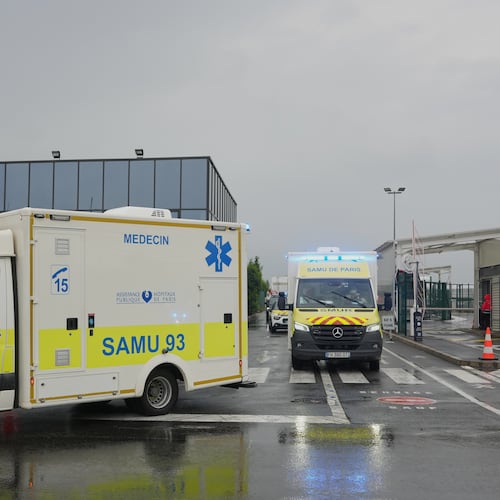 Ambulances carrying patients evacuated from the MV Hondius cruise ship with suspected hantavirus infection, leave the Bourget airport, north of Paris, Sunday, May 10, 2026. (AP Photo/Thibault Camus)