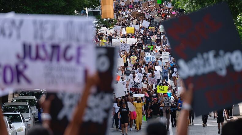 Protesters at Atlanta City Hall as demonstrations continued in Atlanta on Sunday, June 7, 2020. Protests over the death of George Floyd in Minneapolis police custody continued around the United States, as his case renewed anger about others involving African Americans, police and race relations. (Photo: Ben Gray for The Atlanta Journal-Constitution)