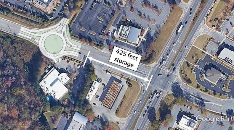 Peachtree Corners is considering a roundabout at the entrance to the Forum along Peachtree Corners Circle. (Courtesy GDOT)