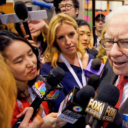 FILE - Warren Buffett, Chairman and CEO of Berkshire Hathaway, speaks to reporters before presiding over the annual shareholders meeting in Omaha, Neb., May 4, 2019. (AP Photo/Nati Harnik, File)