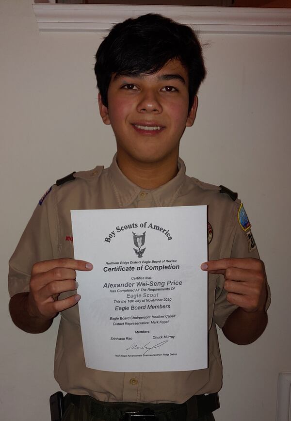 The Northern Ridge Boy Scout District (Cities of Roswell, Alpharetta, John’s Creek, Milton) is
proud to announce its newest Eagle Scout, Miles Gilbreth, who passed their Board of Review
this November.
On November 18: Alexander Price, of Troop 3143, sponsored by John’s Creek United
Methodist Church, whose project was the design and construction of 4 picnic tables and 1 little
library for the Norcross Co-Op