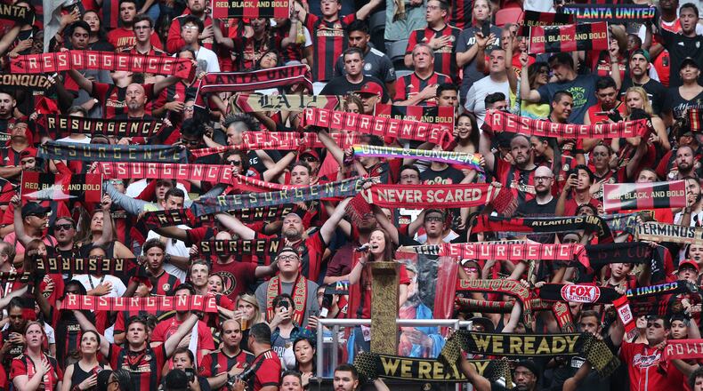 June 2, 2018 Atlanta: Atlanta United fans support their team against Philadelphia Union during the first half in a MLS soccer match on Saturday, June 2, 2018, in Atlanta.  Curtis Compton/ccompton@ajc.com