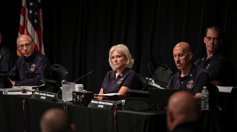 Jennifer Homendy, Chair of the National Transportation Safety Board, leads a hearing as part of the ongoing investigation into the Feb. 3, 2023 derailment of a Norfolk Southern Railway train, in East Palestine, Ohio on Thursday, June 22, 2023. Earlier in the day, the board released thousands of pages of documents about the derailment, providing the fullest account yet of what led to the accident. (Maddie McGarvey/The New York Times)