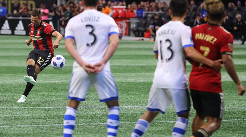 April 28, 2018 Atlanta: Atlanta United midfielder Kevin Kratz scores the go ahead goal on a free kick for a 2-1 lead over the Montreal Impact during the second half in a MLS soccer game on Saturday, April 28, 2018, in Atlanta. Kratz scored two goals on free kicks during the second half to help win the match 4-1.   Curtis Compton/ccompton@ajc.com