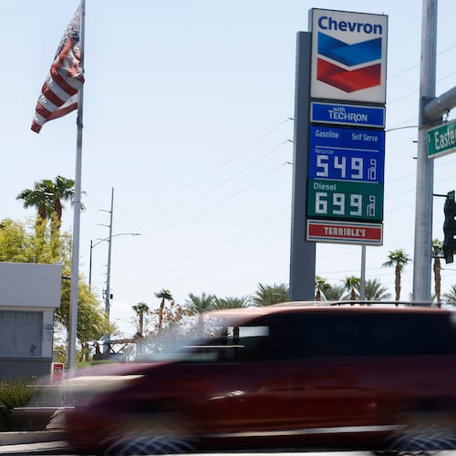 A Chevron station displays its gas prices on Friday, Sept. 18, 2026, on Eastern Avenue in Las Vegas.(Bizuayehu Tesfaye/Las Vegas Review-Journal via AP)