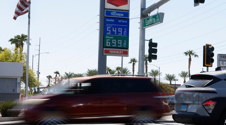 A Chevron station displays its gas prices on Friday, Sept. 18, 2026, on Eastern Avenue in Las Vegas.(Bizuayehu Tesfaye/Las Vegas Review-Journal via AP)