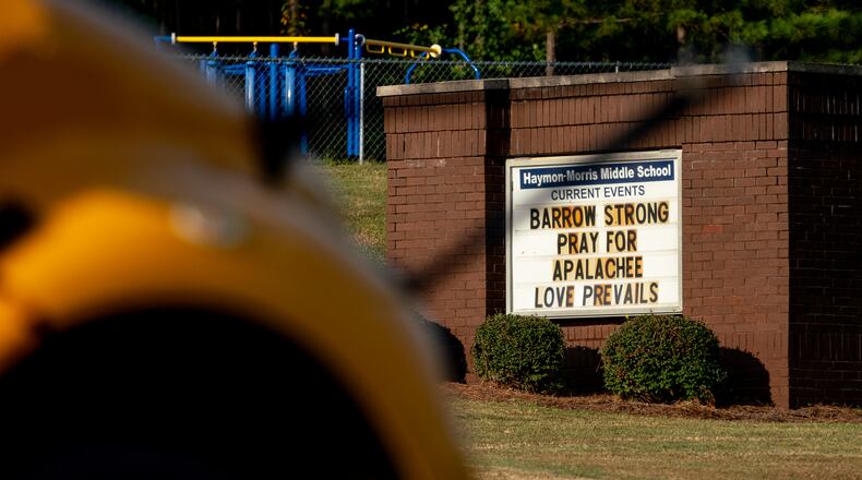 A school bus leaves Haymon-Morris Middle School in Barrow County, Ga., on Sept. 10. Most Barrow County schools returned to classes nearly a week after a shooting at Apalachee High School that left four people dead. (Ben Hendren for The Atlanta Journal-Constitution)
