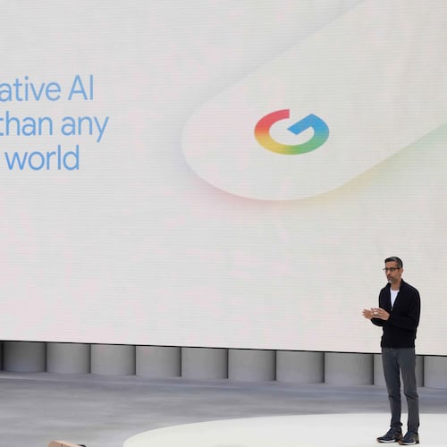 FILE - Alphabet CEO Sundar Pichai speak at a Google I/O event in Mountain View, Calif., Tuesday, May 20, 2025. (AP Photo/Jeff Chiu, File)