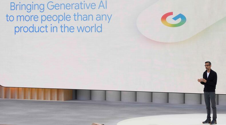 FILE - Alphabet CEO Sundar Pichai speak at a Google I/O event in Mountain View, Calif., Tuesday, May 20, 2025. (AP Photo/Jeff Chiu, File)