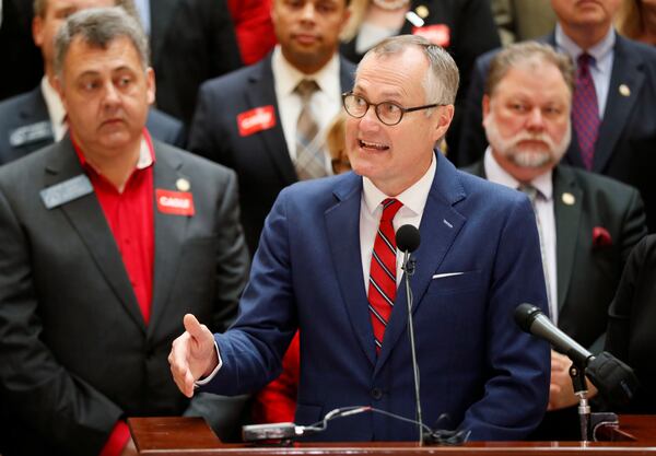 3/6/18 - Atlanta - Lt. Gov. Casey Cagle, surrounded by supporters, addresses the media after he qualified to run for governor this afternoon.  Qualifying for Georgia's 2018  elections began Monday and runs through Friday.  Georgia has races for Governor, Lieutenant Governor and other statewide posts, and every congressional seat nationwide is up for a vote in November.  BOB ANDRES  /BANDRES@AJC.COM