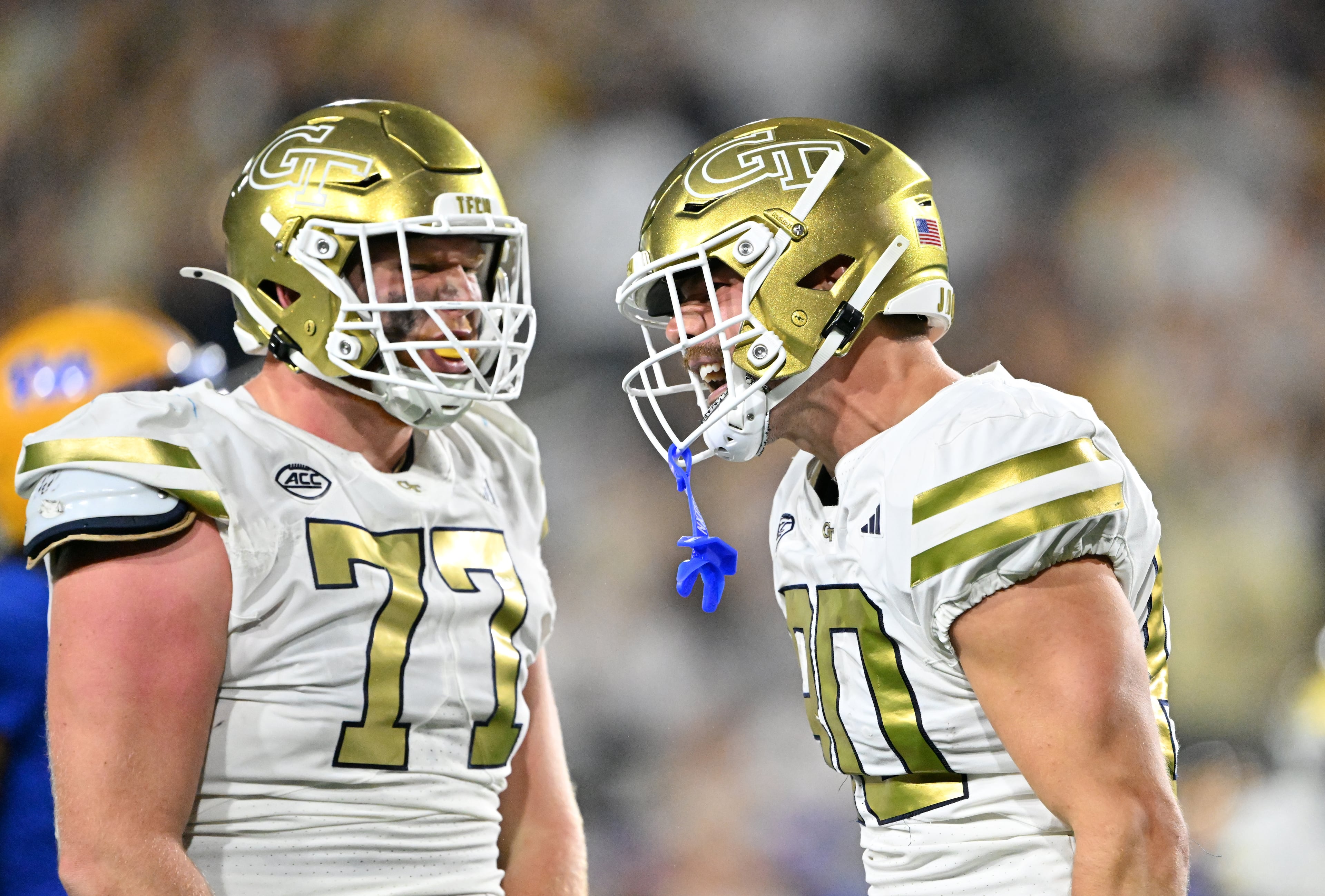 Georgia Tech tight end Brett Seither (80) reacts during the first half in an NCAA college football game at Bobby Dodd Stadium, Saturday, November 22, 2025 in Atlanta. Pittsburgh won 42-28 over Georgia Tech. (Hyosub Shin / AJC)