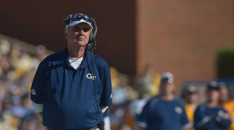 Georgia Tech coach Paul Johnson watches his team play against the North Carolina Tar Heels during the game at Kenan Stadium on November 5, 2016 in Chapel Hill, North Carolina. North Carolina won 48-20. (Photo by Grant Halverson/Getty Images)