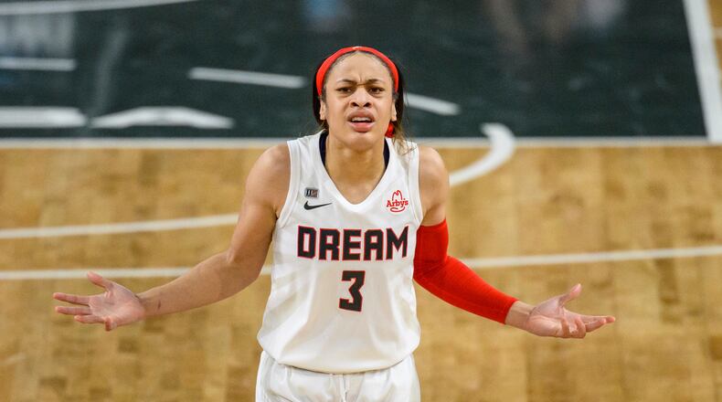Atlanta Dream guard Chennedy Carter (3) reacts during game against the Chicago Sky, Wednesday, May 19, 2021, in College Park. The Chicago Sky won 85-77. (Danny Karnik/AP)