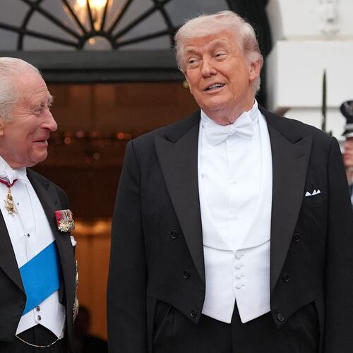 President Donald Trump greets Britain's King Charles III at the South Portico of the White House for a State Dinner Tuesday, April 28, 2026, in Washington. (AP Photo/Alex Brandon)