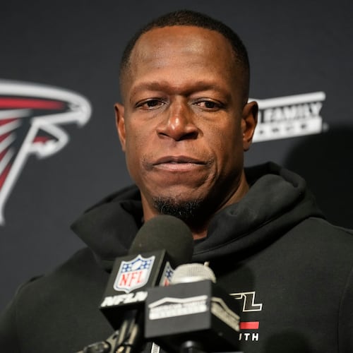 Atlanta Falcons head coach Raheem Morris speaks during a news conference after an NFL football game against the New York Jets, Sunday, Nov. 30, 2025, in East Rutherford, N.J. (AP Photo/Seth Wenig)