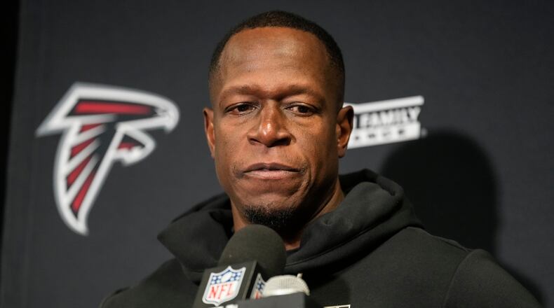 Atlanta Falcons head coach Raheem Morris speaks during a news conference after an NFL football game against the New York Jets, Sunday, Nov. 30, 2025, in East Rutherford, N.J. (AP Photo/Seth Wenig)