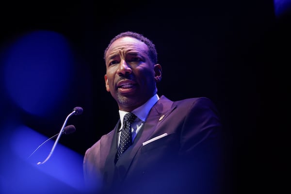 Mayor Andre Dickens gives the annual State of the City address at Woodruff Arts Center in Atlanta on Wednesday, March 18, 2026. (Arvin Temkar/AJC)