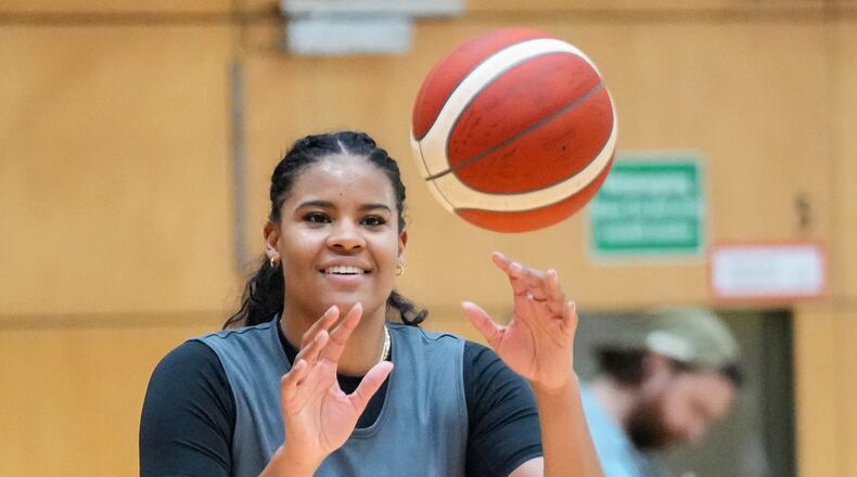 Nyara Sabally in action during a training session of team Germany in Berlin, Germany, Tuesday, Sept. 1, 2026, ahead of the FIBA Women's Basketball World Cup. (Soeren Stache/dpa via AP)