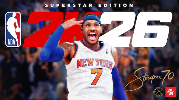 This image provided by 2K Games in July 2025 shows basketball player Carmelo Anthony in a special edition cover for the video game NBA 2K26. (2K Games via AP)